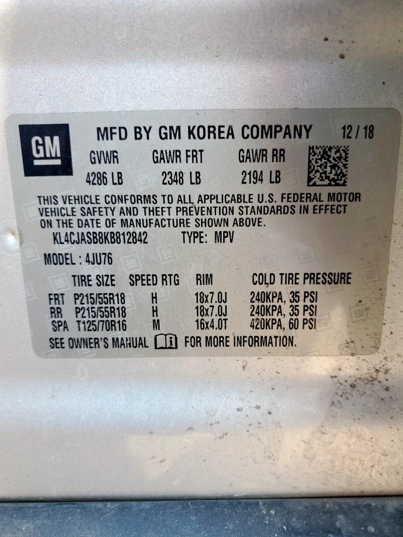 KL4CJASB8KB812842 - 2019 BUICK ENCORE PREFERRED ვერცხლისფერი ფოტო 13