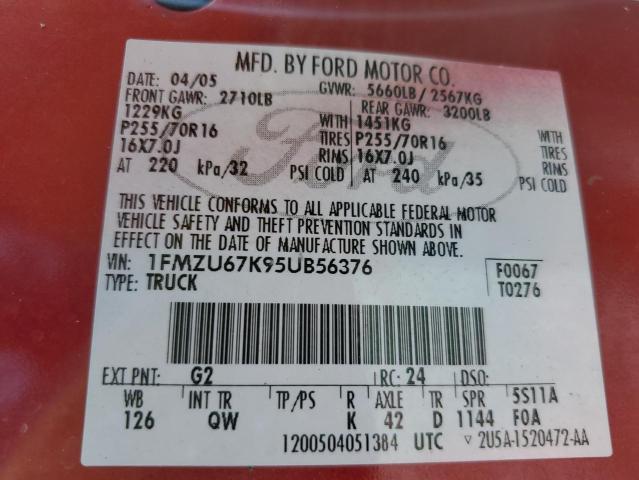 1FMZU67K95UB56376 - 2005 FORD EXPLORER S Qırmızı foto 12