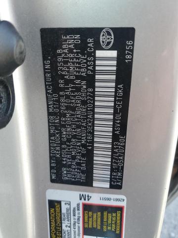 4T1BF3EK2AU102778 - 2010 TOYOTA CAMRY BASE 银色 照片 12