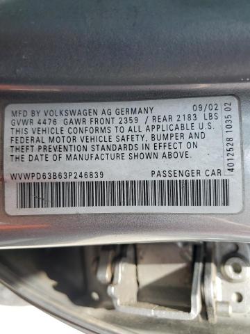 WVWPD63B63P246839 - 2003 VOLKSWAGEN PASSAT GLS Արծաթագույն լուսանկար 12
