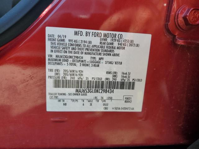 MAJ6S3GL0KC298434 - 2019 FORD ECOSPORT SE RED photo 13
