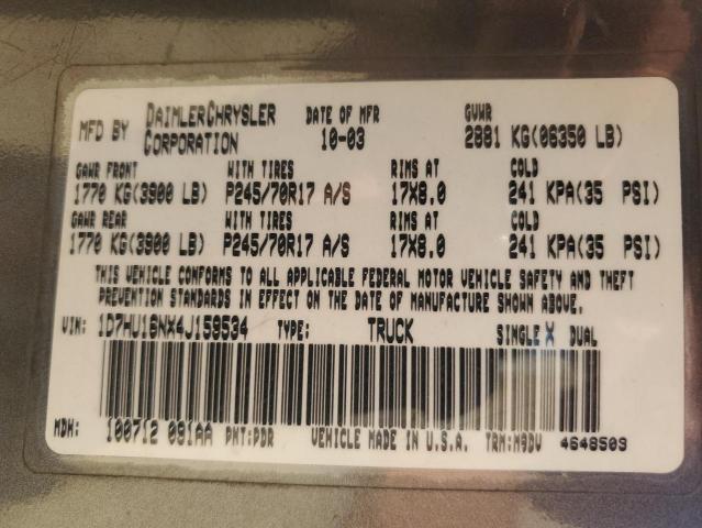 1D7HU16NX4J159534 - 2004 DODGE RAM 1500 ST GRAY photo 12