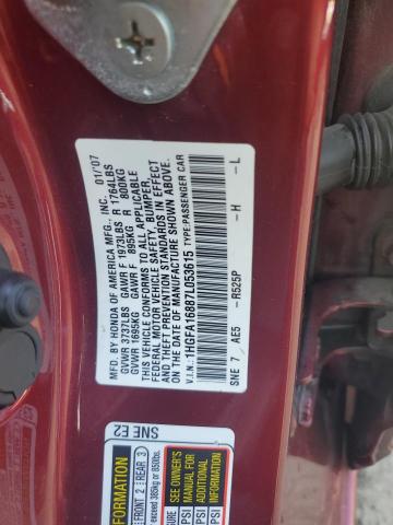 1HGFA16887L053615 - 2007 HONDA CIVIC EX BURGUNDY photo 12