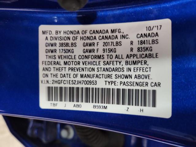 2HGFC1E52JH700953 - 2018 HONDA CIVIC SI BLUE photo 12
