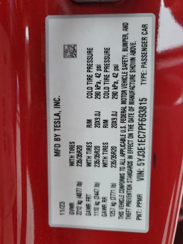 5YJ3E1EC7PF693815 - 2023 TESLA MODEL 3 Qırmızı foto 14
