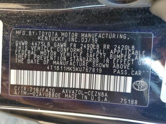 4T1B11HK5KU767819 - 2019 TOYOTA CAMRY L BLACK photo 13