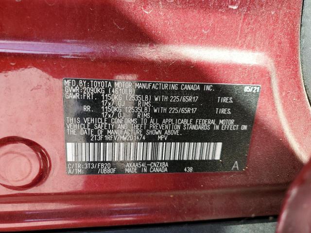 2T3F1RFV7MW201474 - 2021 TOYOTA RAV4 LE BURGUNDY photo 12