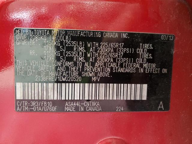 2T3BFREV1DW020520 - 2013 TOYOTA RAV4 LE MAROON photo 13