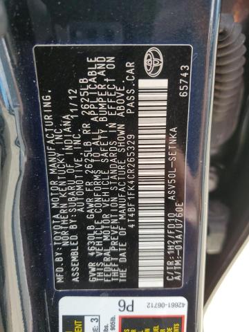 4T4BF1FK4CR265329 - 2012 TOYOTA CAMRY BASE გრაფიტი ფოტო 12