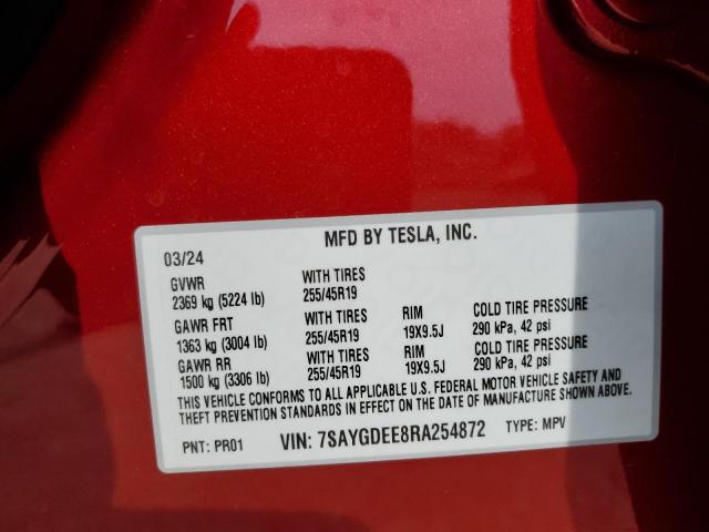 7SAYGDEE8RA254872 - 2024 TESLA MODEL Y RED photo 13