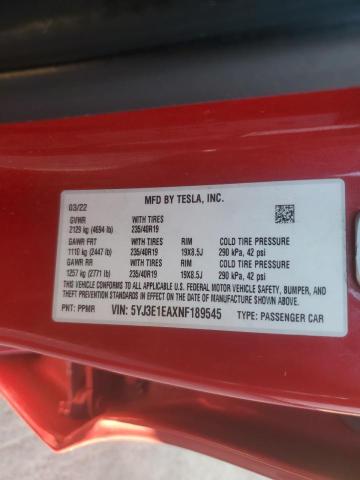 5YJ3E1EAXNF189545 - 2022 TESLA MODEL 3 RED photo 12