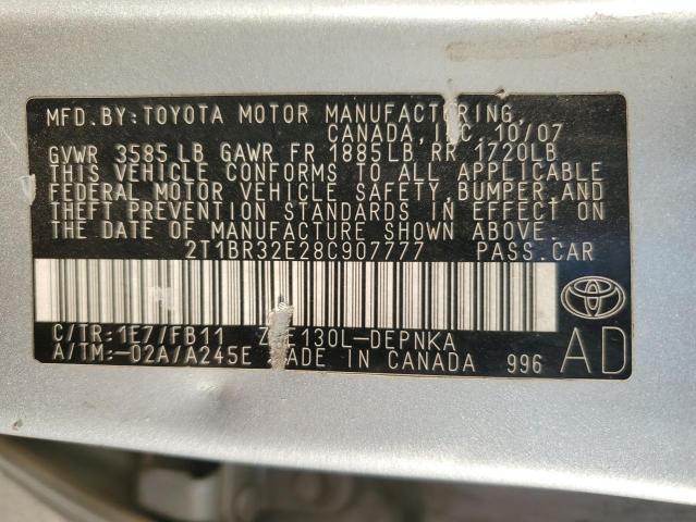 2T1BR32E28C907777 - 2008 TOYOTA COROLLA CE SILVER photo 12
