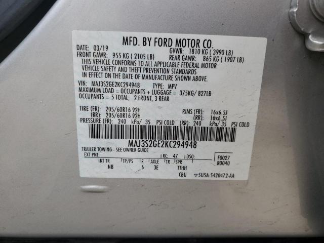 MAJ3S2GE2KC294948 - 2019 FORD ECOSPORT SE SILVER photo 14