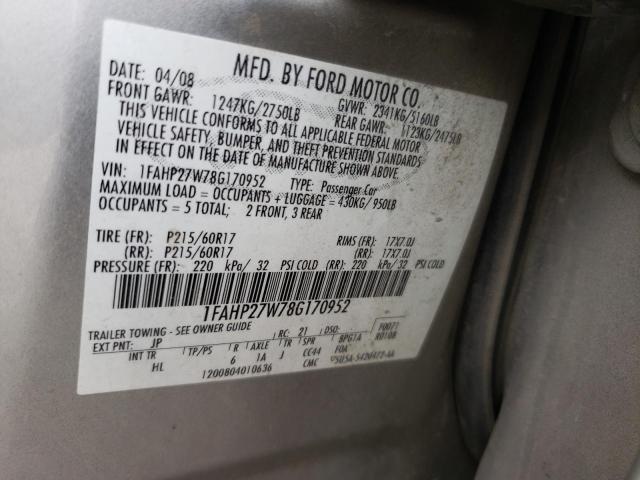 1FAHP27W78G170952 - 2008 FORD TAURUS SEL SILVER photo 12