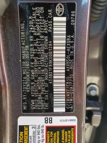 4T1B21FB9KU001284 - 2019 TOYOTA AVALON XLE BROWN photo 12