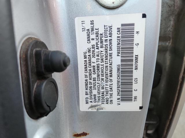 2HGFB2F81CH539855 - 2012 HONDA CIVIC EX SILVER photo 12