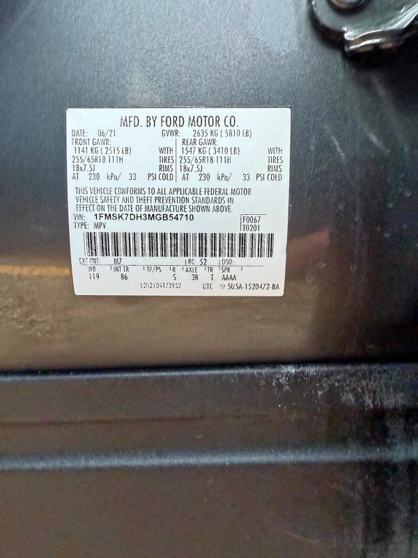 1FMSK7DH3MGB54710 - 2021 FORD EXPLORER XLT Boz foto 10
