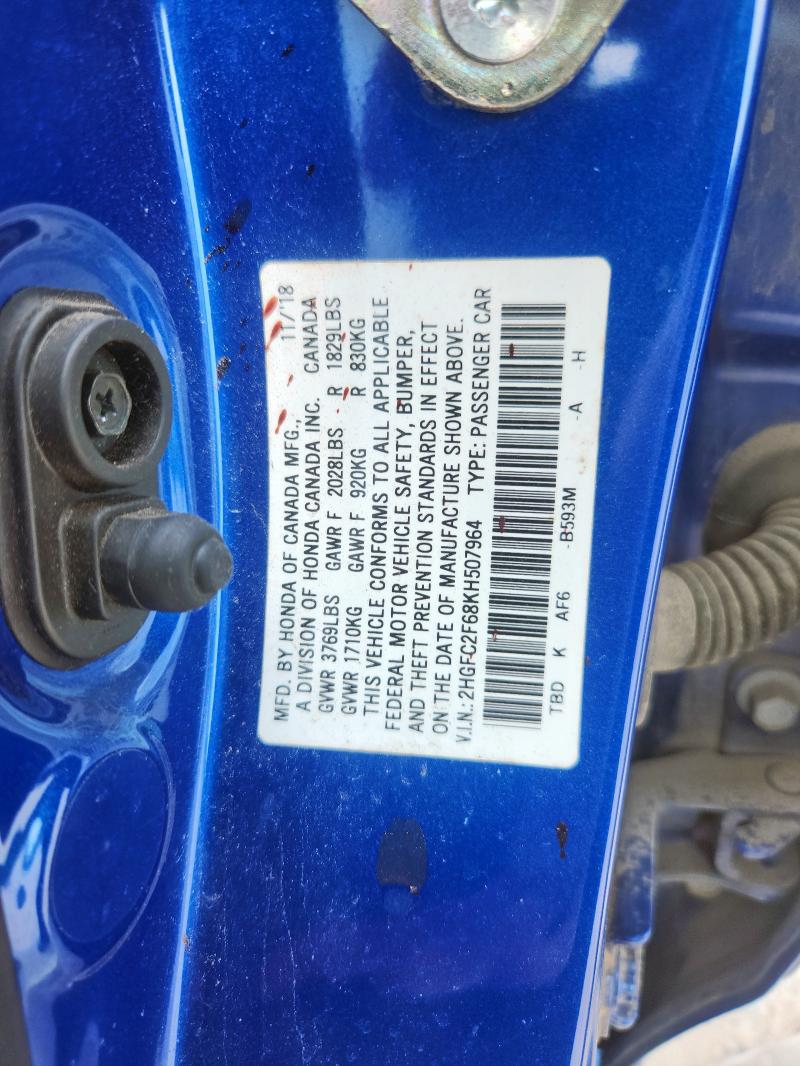 2HGFC2F68KH507964 - 2019 HONDA CIVIC LX Көк фото 13