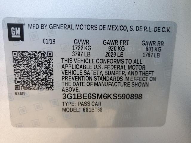 3G1BE6SM6KS590898 - 2019 CHEVROLET CRUZE LT ვერცხლისფერი ფოტო 12