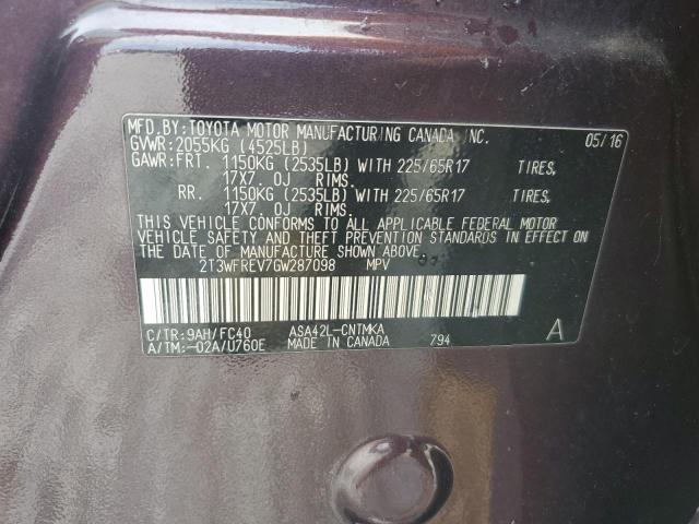 2T3WFREV7GW287098 - 2016 TOYOTA RAV4 XLE RED photo 13