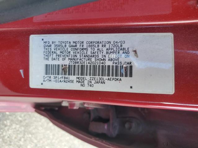 JTDBR32E142021040 - 2004 TOYOTA COROLLA CE Қызыл фото 12