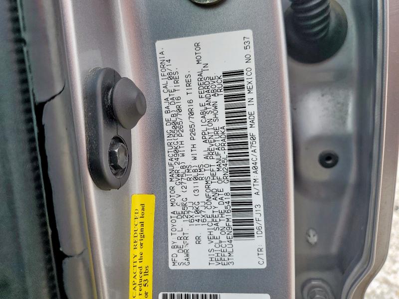 3TMLU4EN9FM165418 - 2015 TOYOTA TACOMA DOUBLE CAB ვერცხლისფერი ფოტო 12