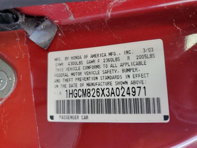 1HGCM826X3A024971 - 2003 HONDA ACCORD EX RED photo 12