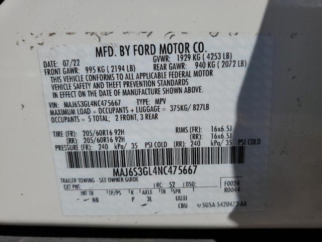 MAJ6S3GL4NC475667 - 2022 FORD ECOSPORT SE WHITE photo 12