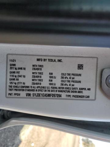 5YJ3E1EA5MF097094 - 2021 TESLA MODEL 3 白色 照片 12