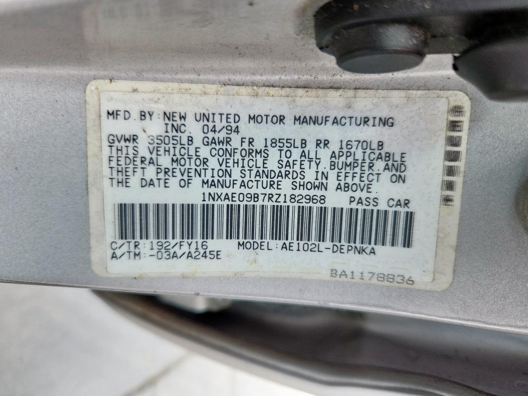 1NXAE09B7RZ182968 - 1994 TOYOTA COROLLA LE SILVER photo 12