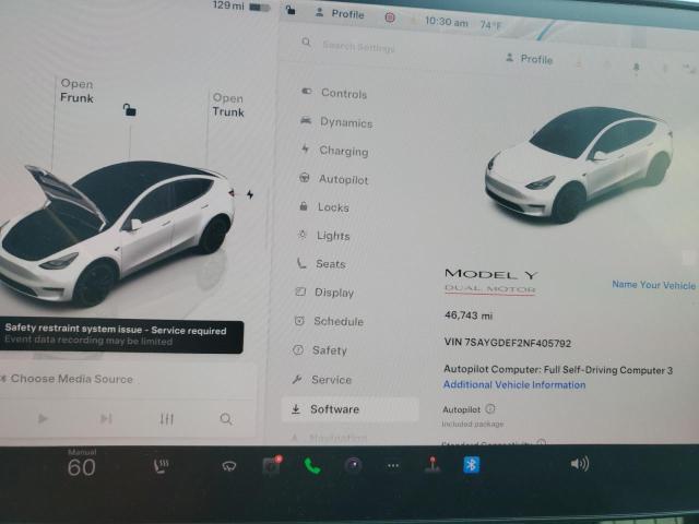 7SAYGDEF2NF405792 - 2022 TESLA MODEL Y Blanco foto 9