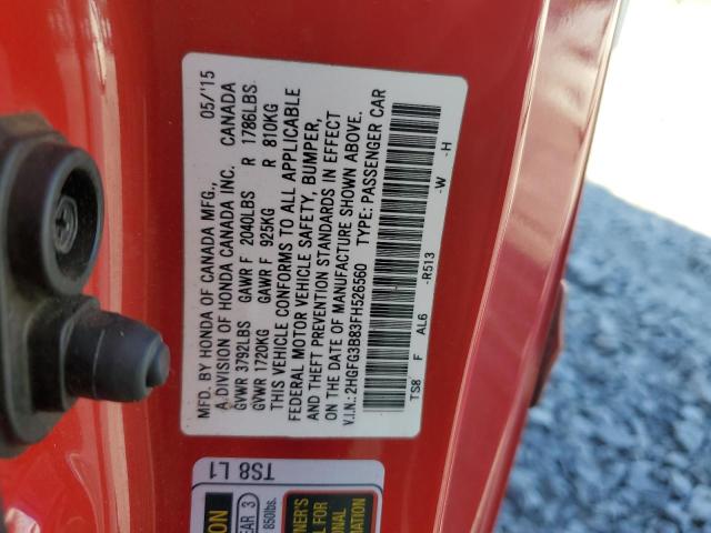 2HGFG3B83FH526560 - 2015 HONDA CIVIC EX 红色 照片 12