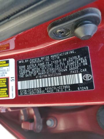 4T1B11HK1KU721596 - 2019 TOYOTA CAMRY L 红色 照片 12