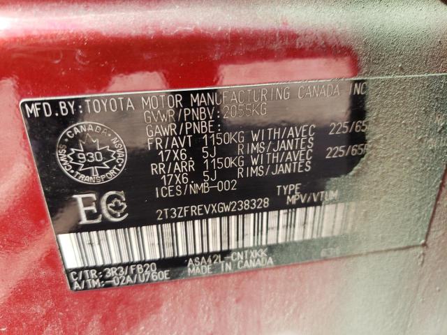 2T3ZFREVXGW238328 - 2016 TOYOTA RAV4 LE RED photo 14