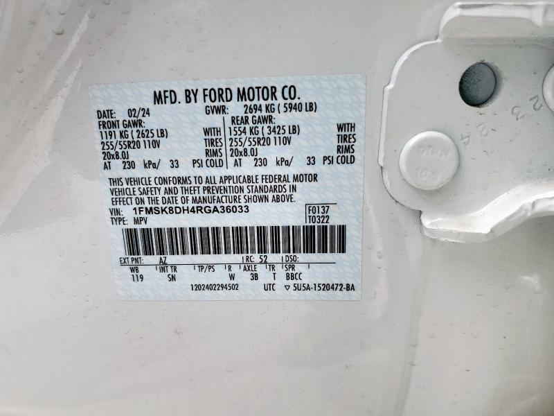 1FMSK8DH4RGA36033 - 2024 FORD EXPLORER XLT Weiß Foto 13