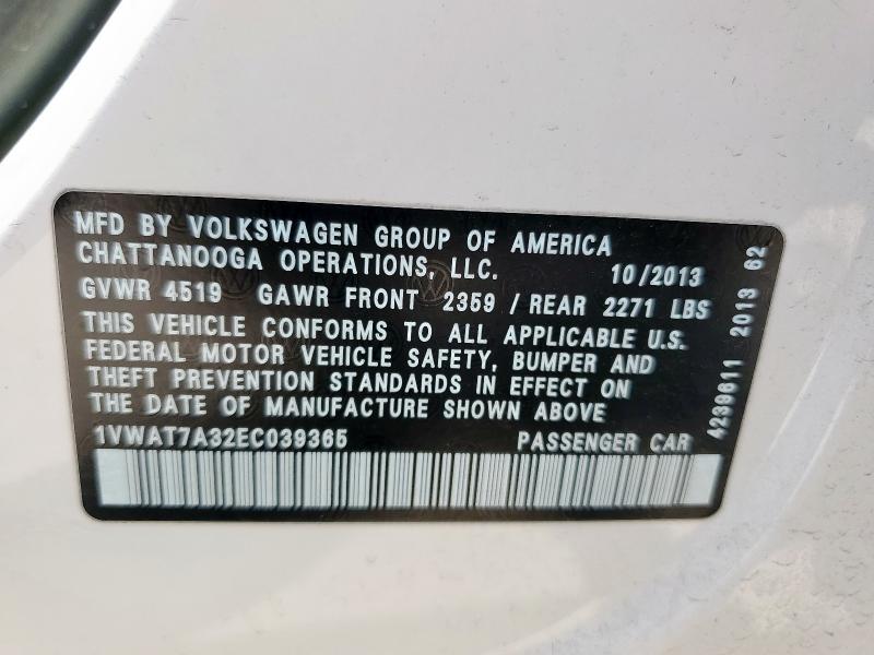 1VWAT7A32EC039365 - 2014 VOLKSWAGEN PASSAT S WHITE photo 12