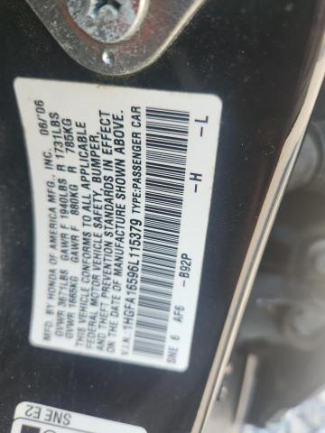 1HGFA16596L115379 - 2006 HONDA CIVIC LX BLACK photo 12
