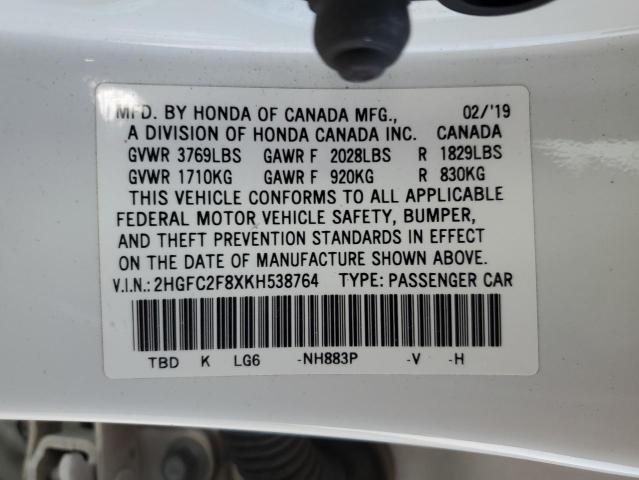 2HGFC2F8XKH538764 - 2019 HONDA CIVIC SPORT Ақ фото 12