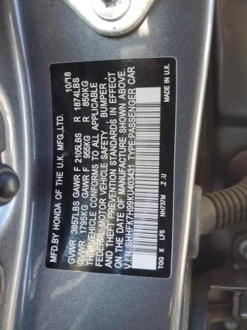 SHHFK7H99KU403431 - 2019 HONDA CIVIC SPORT TOURING GRAY photo 12