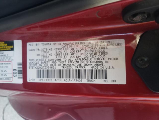 5TETX22N27Z334621 - 2007 TOYOTA TACOMA ACCESS CAB წითელი ფოტო 12