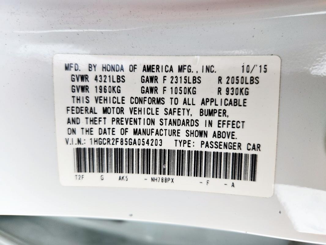 1HGCR2F85GA054203 - 2016 HONDA ACCORD EXL WHITE photo 12