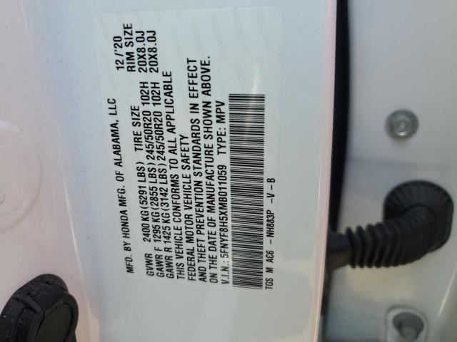 5FNYF8H5XMB011059 - 2021 HONDA PASSPORT EXL WHITE photo 13