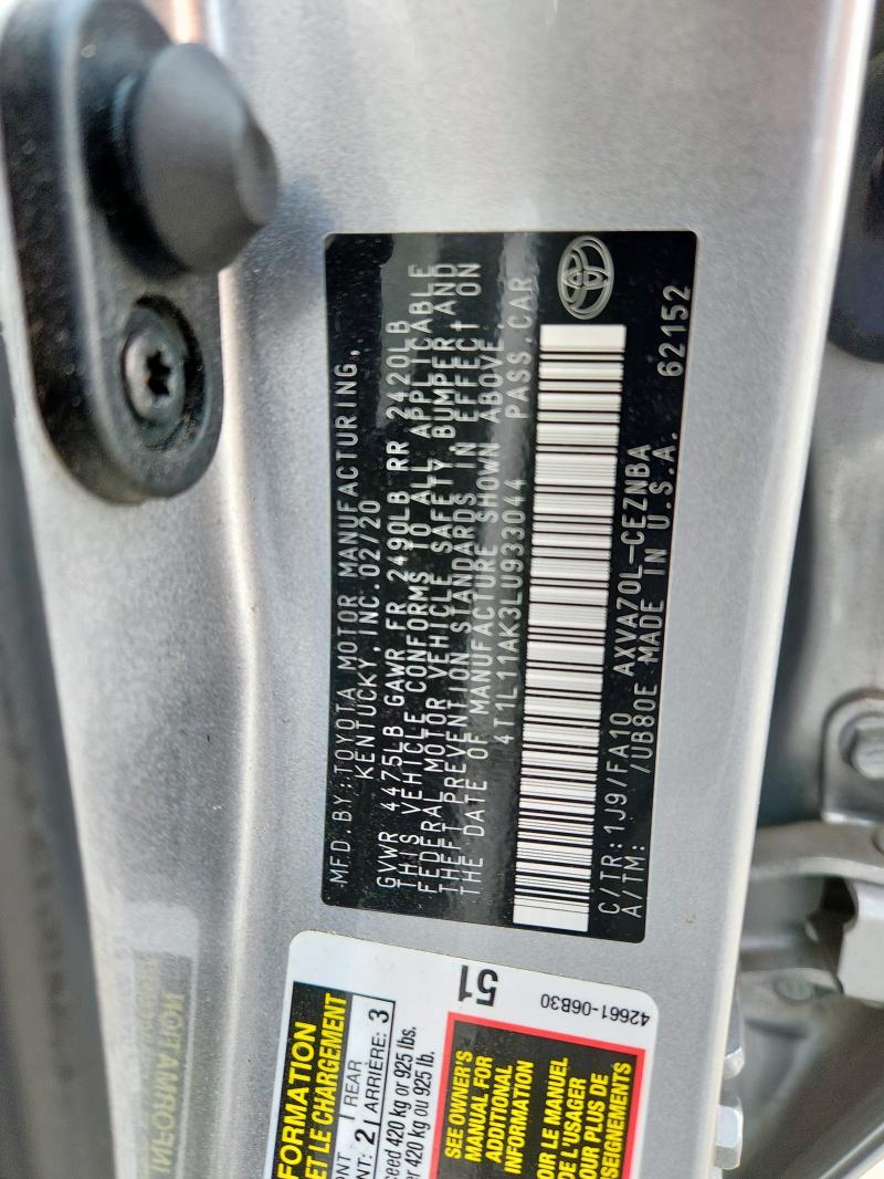 4T1L11AK3LU933044 - 2020 TOYOTA CAMRY LE SILVER photo 12