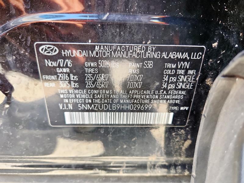 5NMZUDLB9HH029699 - 2017 HYUNDAI SANTA FE S შავი ფოტო 13