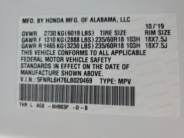 5FNRL6H76LB020469 - 2020 HONDA ODYSSEY EXL WHITE photo 14