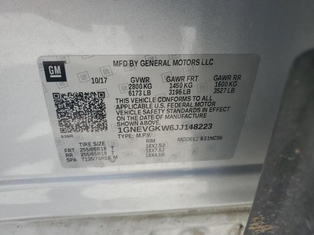 1GNEVGKW6JJ148223 - 2018 CHEVROLET TRAVERSE LT Gümüş foto 14