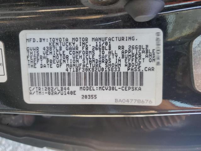 4T1BF30K82U015833 - 2002 TOYOTA CAMRY LE BLACK photo 12
