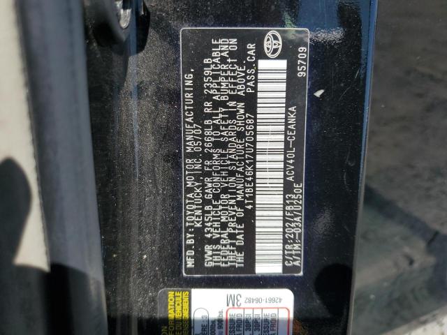4T1BE46K17U705687 - 2007 TOYOTA CAMRY CE BLACK photo 12