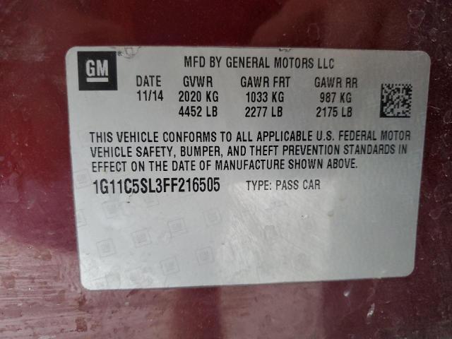 1G11C5SL3FF216505 - 2015 CHEVROLET MALIBU 1LT BURGUNDY photo 12