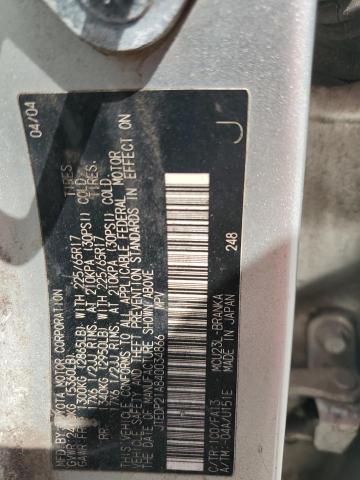 JTEDP21A840034866 - 2004 TOYOTA HIGHLANDER BASE ვერცხლისფერი ფოტო 12